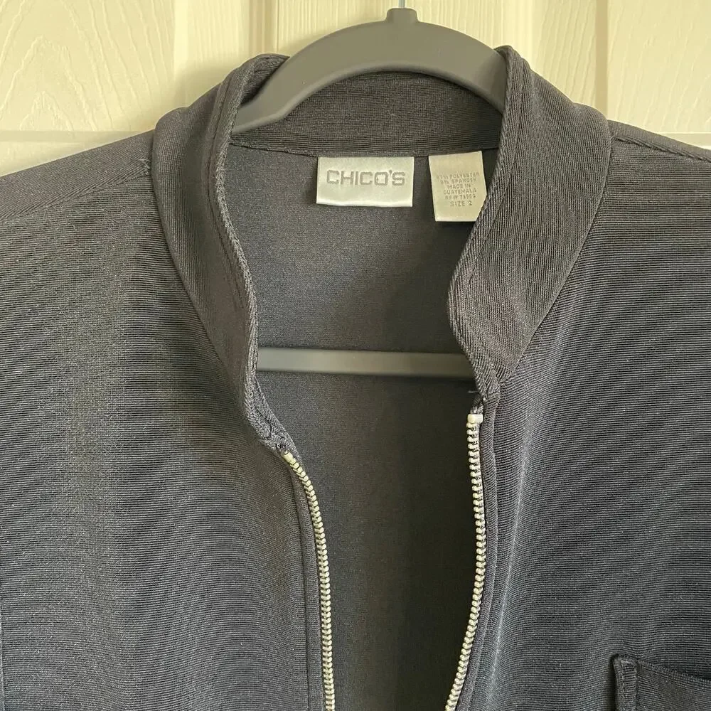 Chico’s Full Zip Black Jacket Sz L Stretch Knit Minimalist Normcore Staple